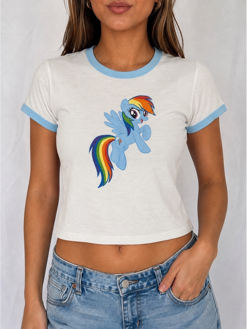 My Little Pony Rainbow Dash Baby Tee Womens Medium/Juniors XL Cropped Ringer Y2K